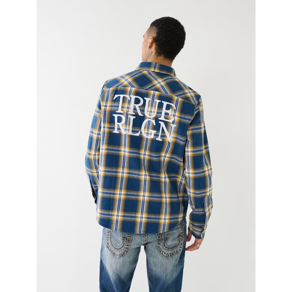 True Religion Plaid Flannel‎ Shirt Mens M Blue Yellow Logo Y2K Streetwear Grunge